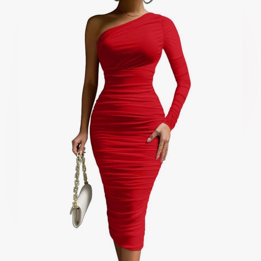 Elegant Red One-Shoulder Ruched Midi Dress in Red Size Small
